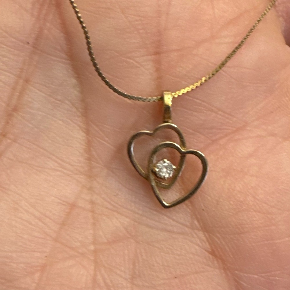 1/20 12K Yellow Gold Filled Necklace W/ Double Heart Rhinestone Pendant 17”